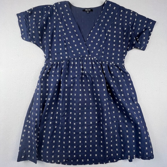 Madewell Dresses & Skirts - Madewell Mini Dress Womens Small Navy Blue Embroidered Bow Dobby V-Neck Boho